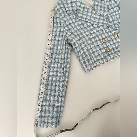 SET JASON WU Boucle Tweed cropped blazer and skort  Blue White Gold Button 8 M - Picture 4 of 16